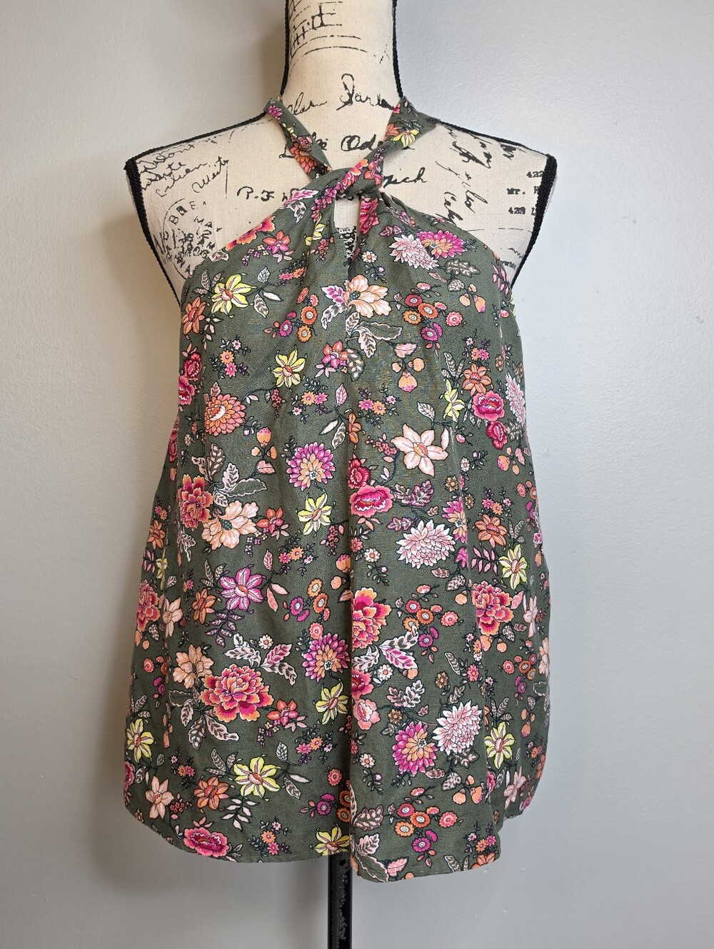 LOFT Olive Green Floral Halter Camisole with Pink & Peach Blooms Sz M Nwt Linen